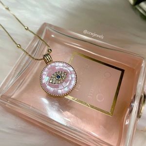Pink Pearl Barbie 24K Evil Eye Box Chain Gold Necklace